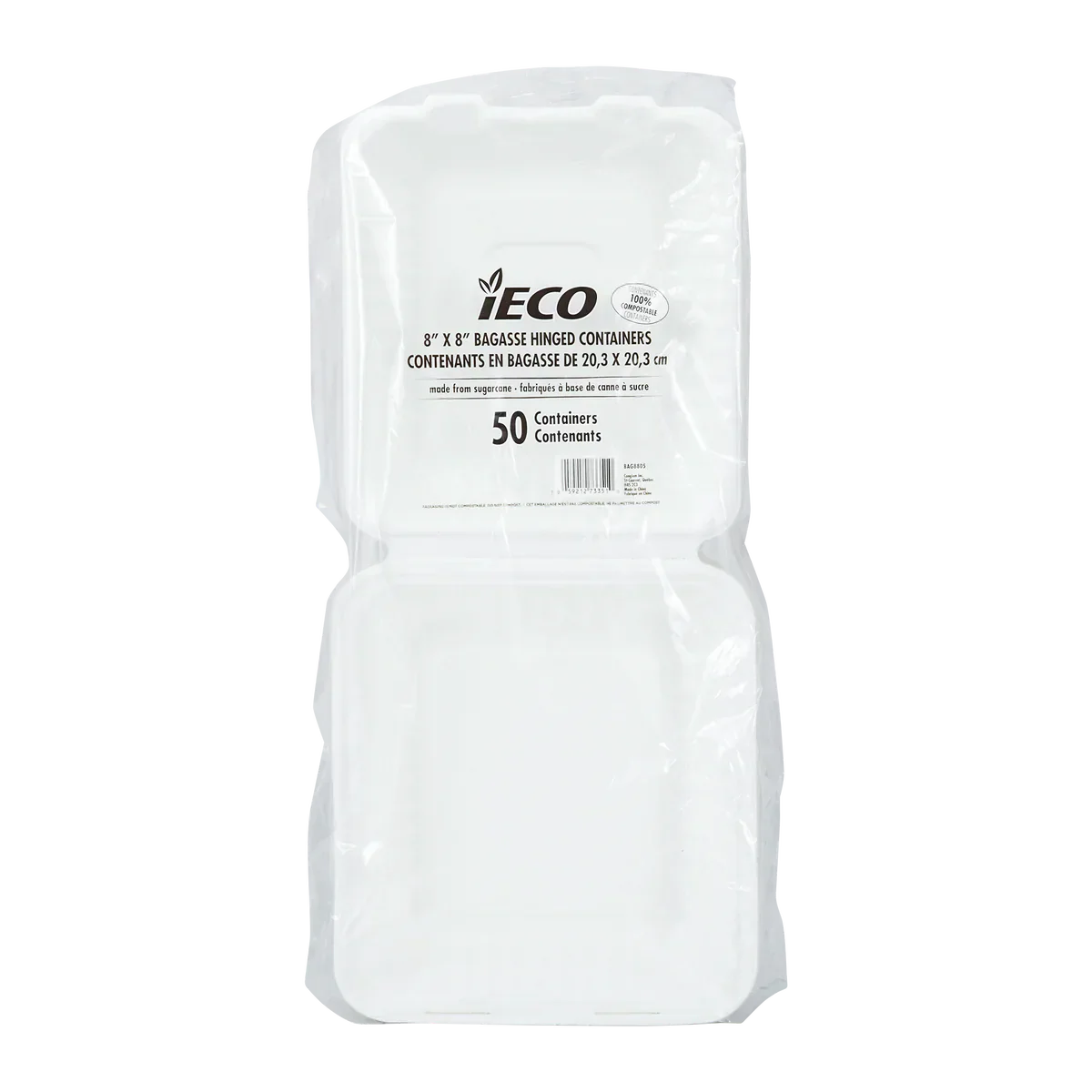 iEco Hinged Bagasse Container 8 in × 8 in 2 packs of 50