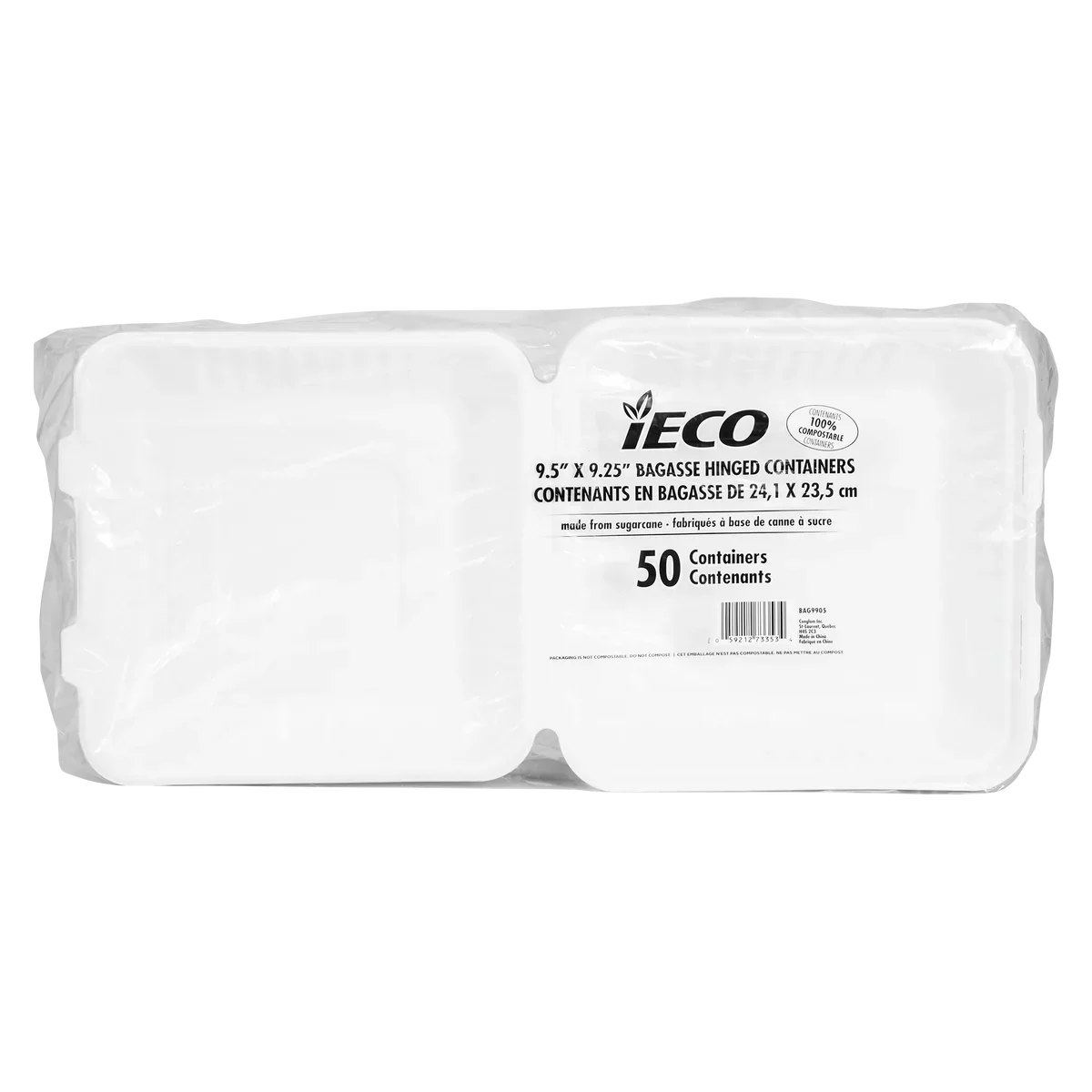 IECO Hinged Bagasse Containers 9 in × 9 in 2 packs of 50