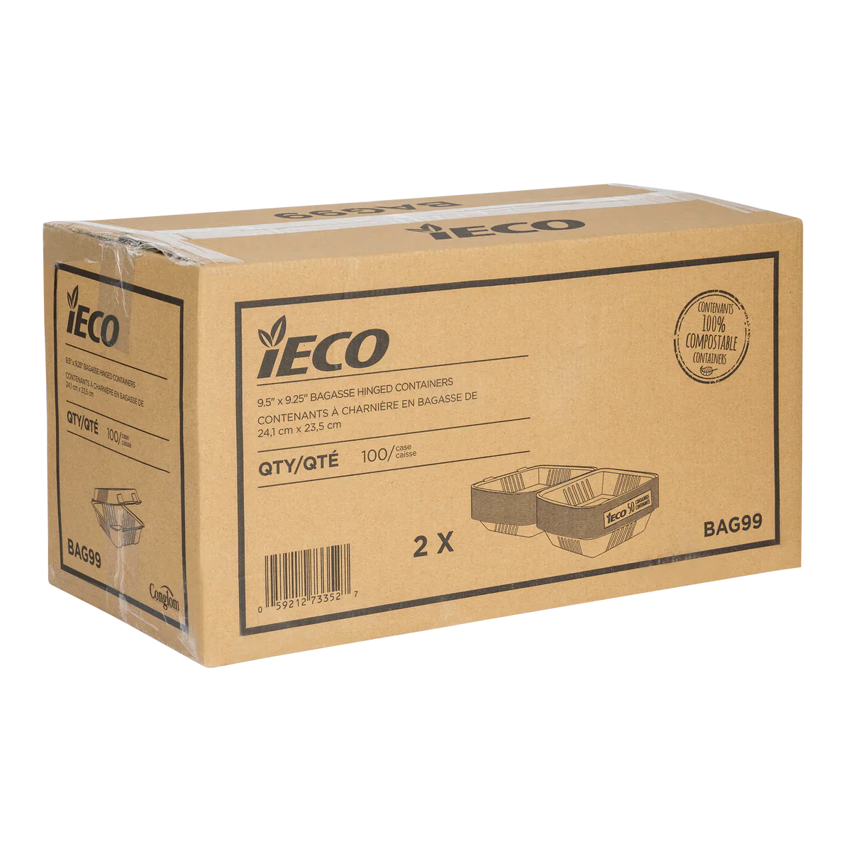 IECO Hinged Bagasse Containers 9 in × 9 in 2 packs of 50