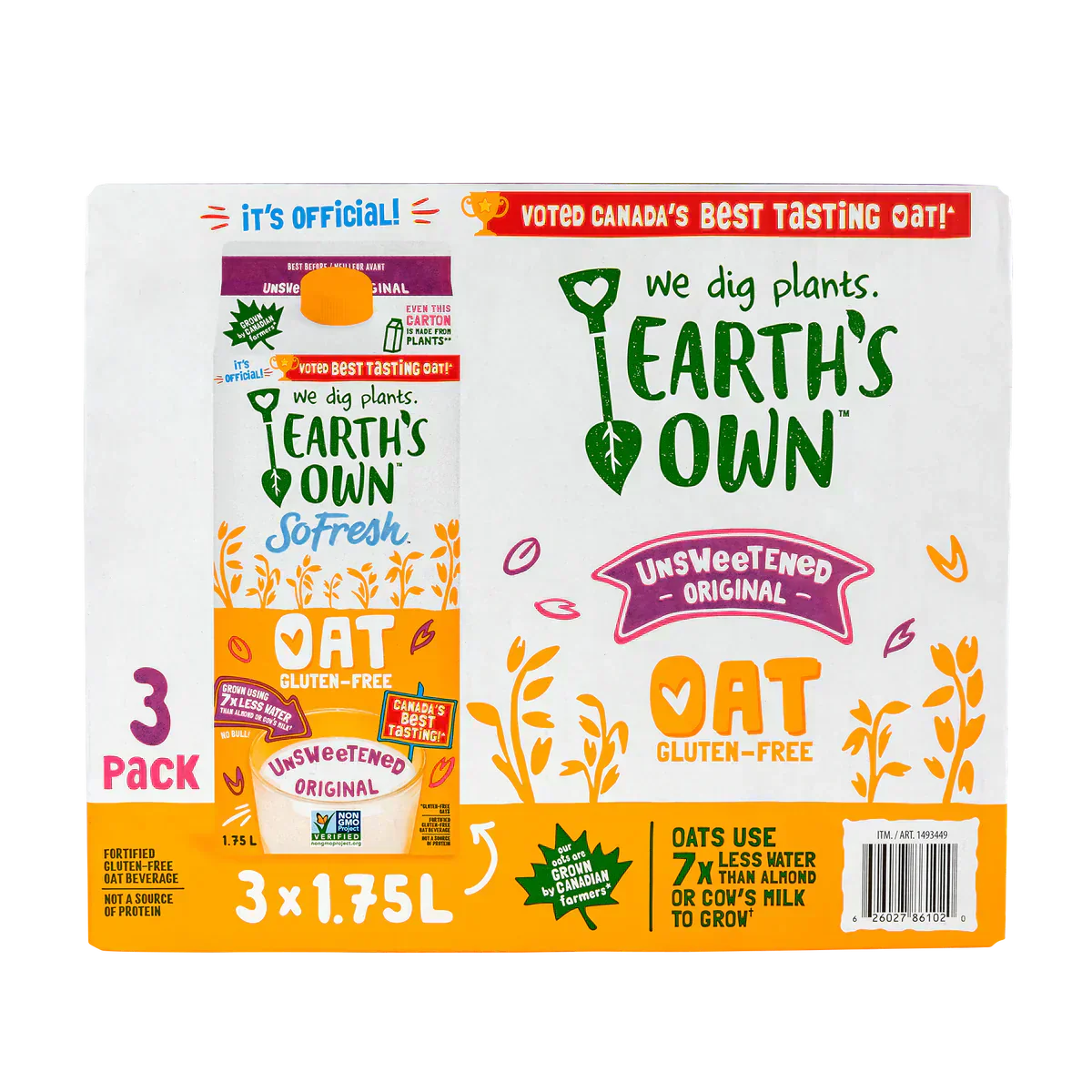 Earth’s Own Unsweetened Original Oat Milk 3 x 1.75 L