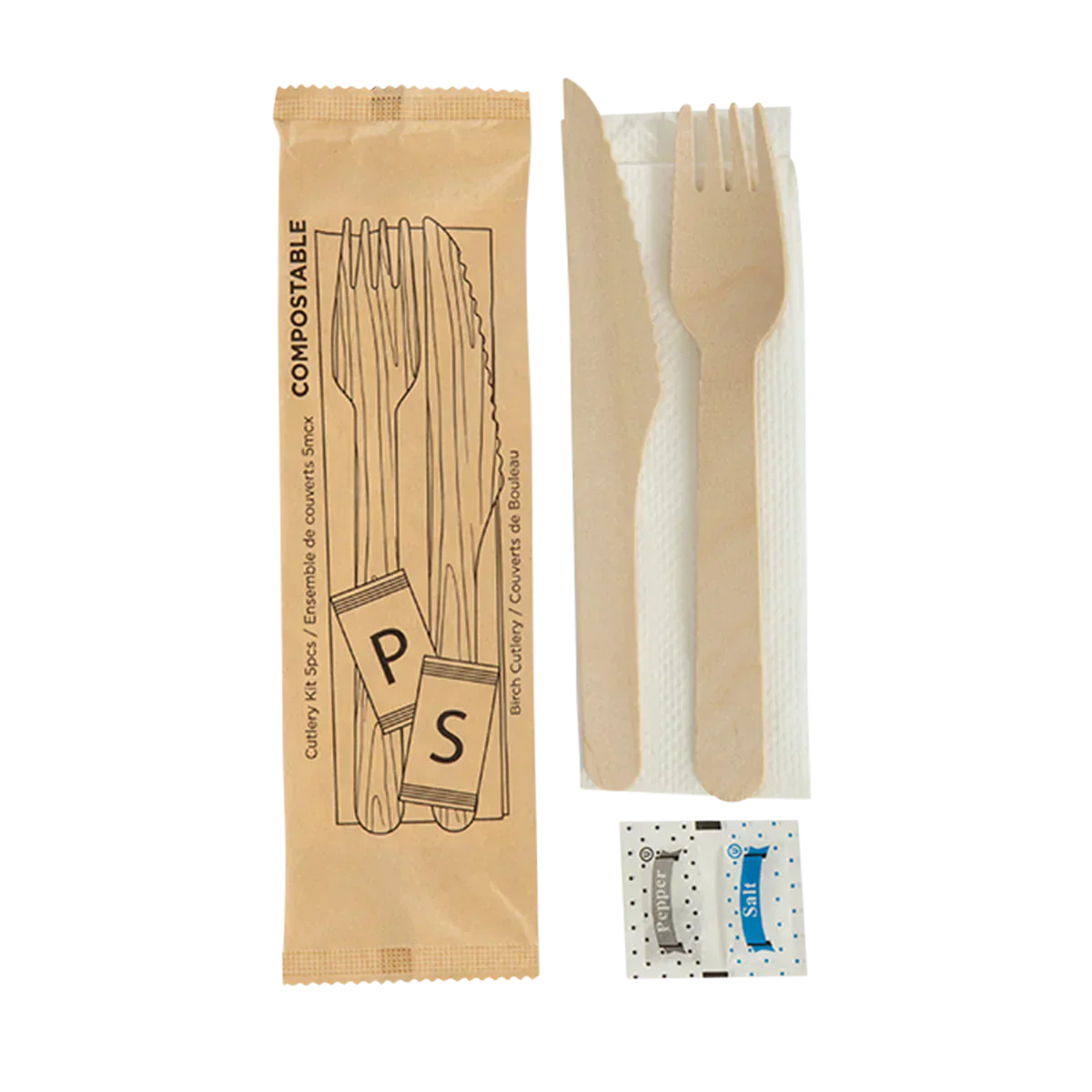 iECO - Individually wrapped 5 piece Birch cutlery kit pack of 250