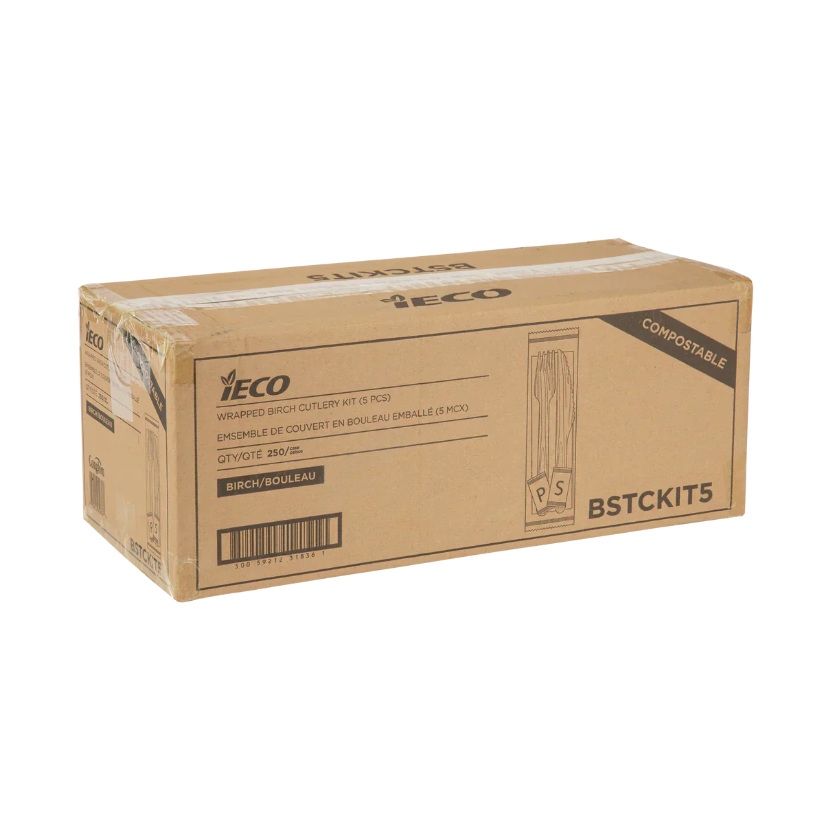 iECO - Individually wrapped 5 piece Birch cutlery kit pack of 250