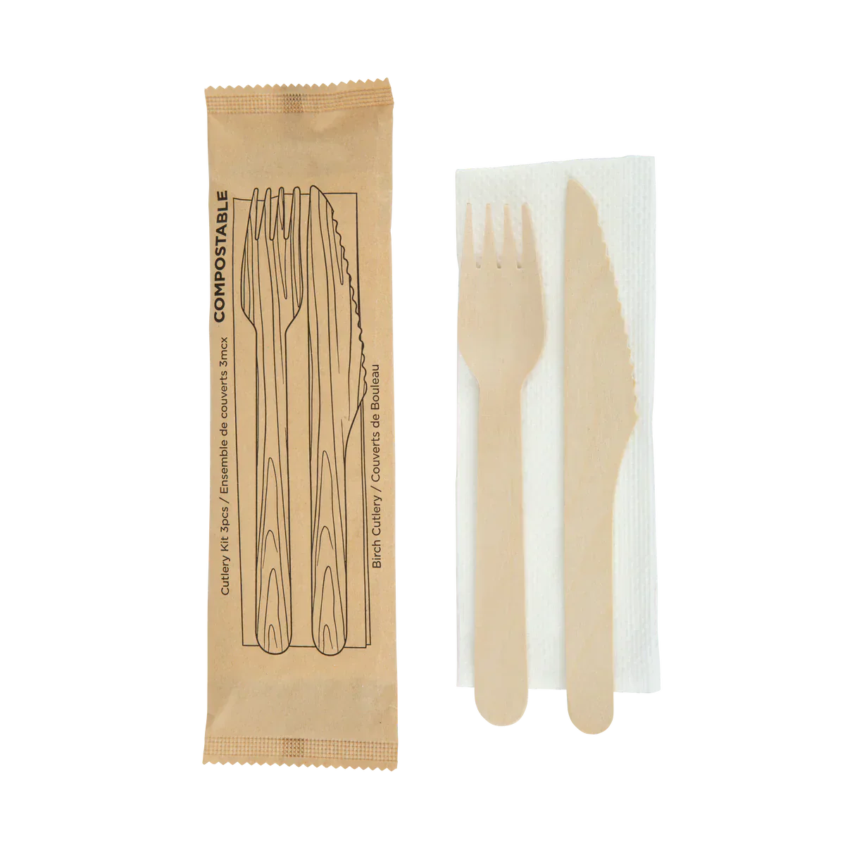iECO - Individually wrapped 3 piece Birch cutlery kit pack of 250