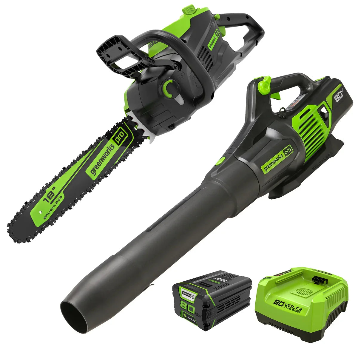 Greenworks 80V 650 CFM / 145 MPH Brushless Blower + 18" Brushless Chainsaw, 2Ah Battery and Charger Included