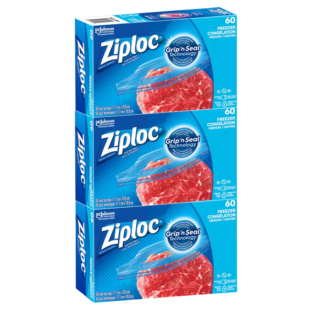 Ziploc Easy Open Medium Freezer Bags 3 packs of 60