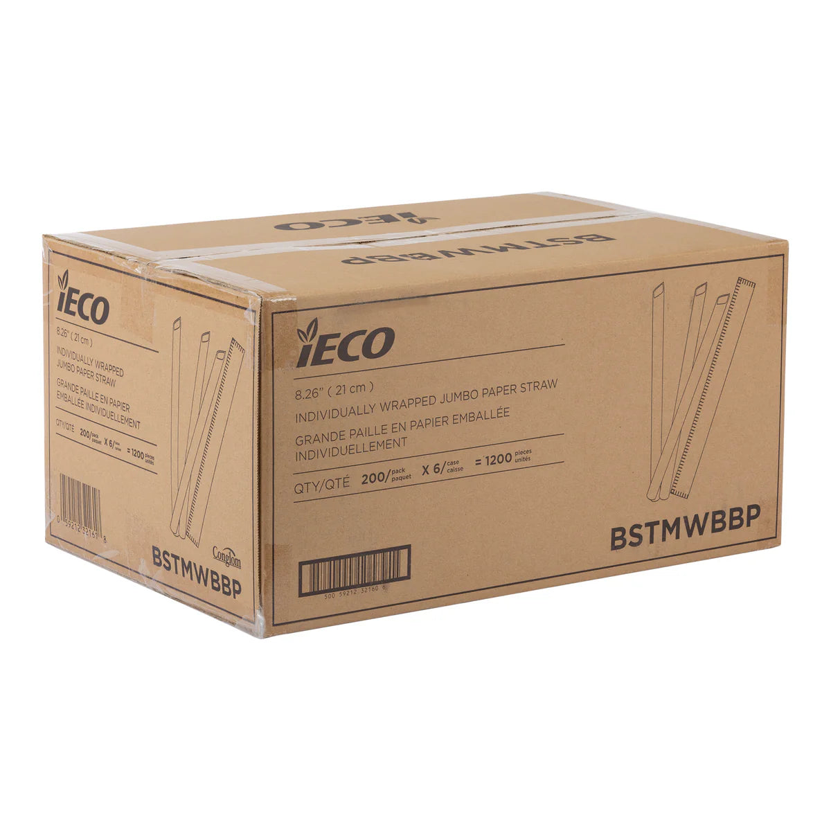 IECO 8" Individually Wrapped Jumbo Paper Straws 6 Pack of 200