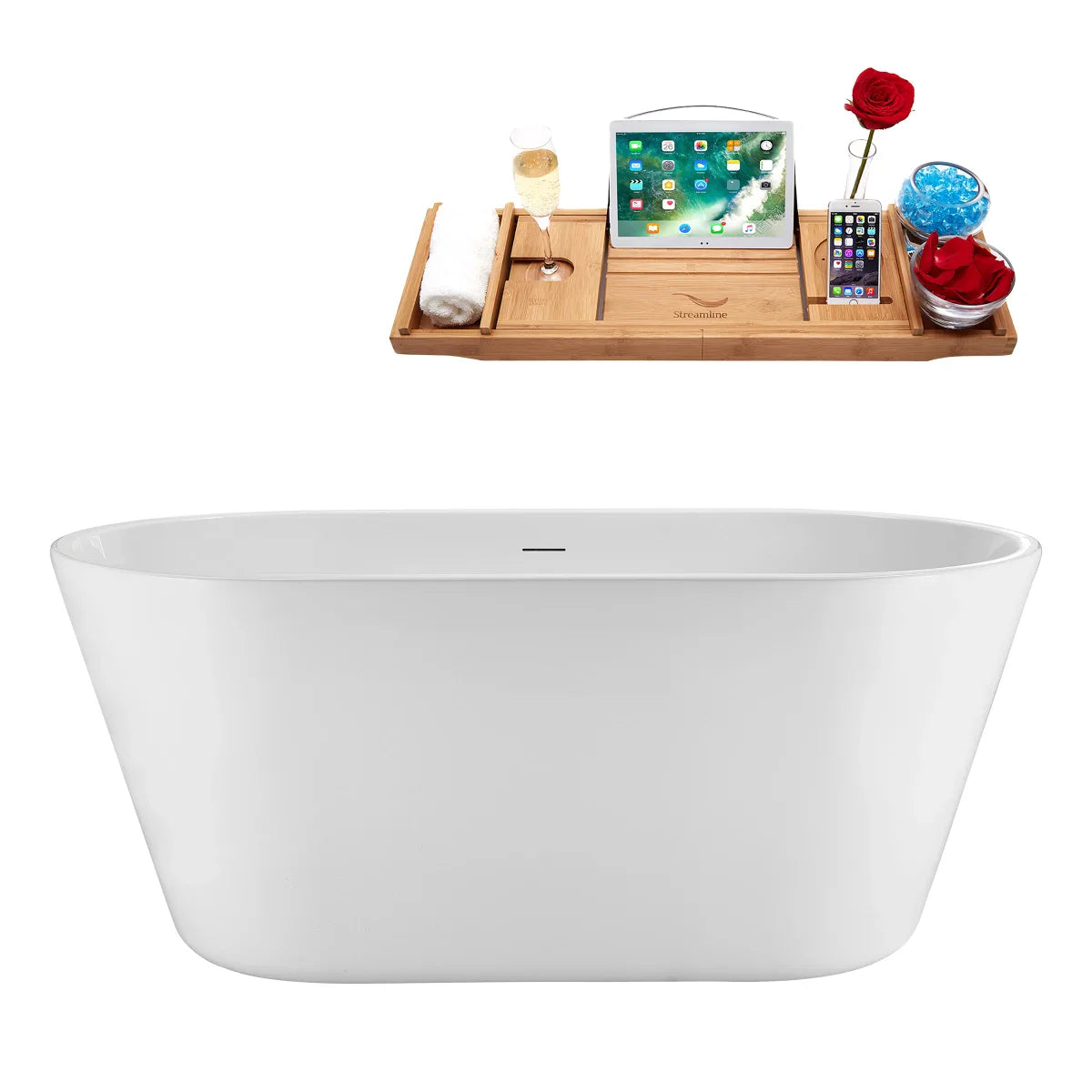 Streamline 54 in. Freestanding Bathtub with Expandable Bamboo Bathtub Caddy