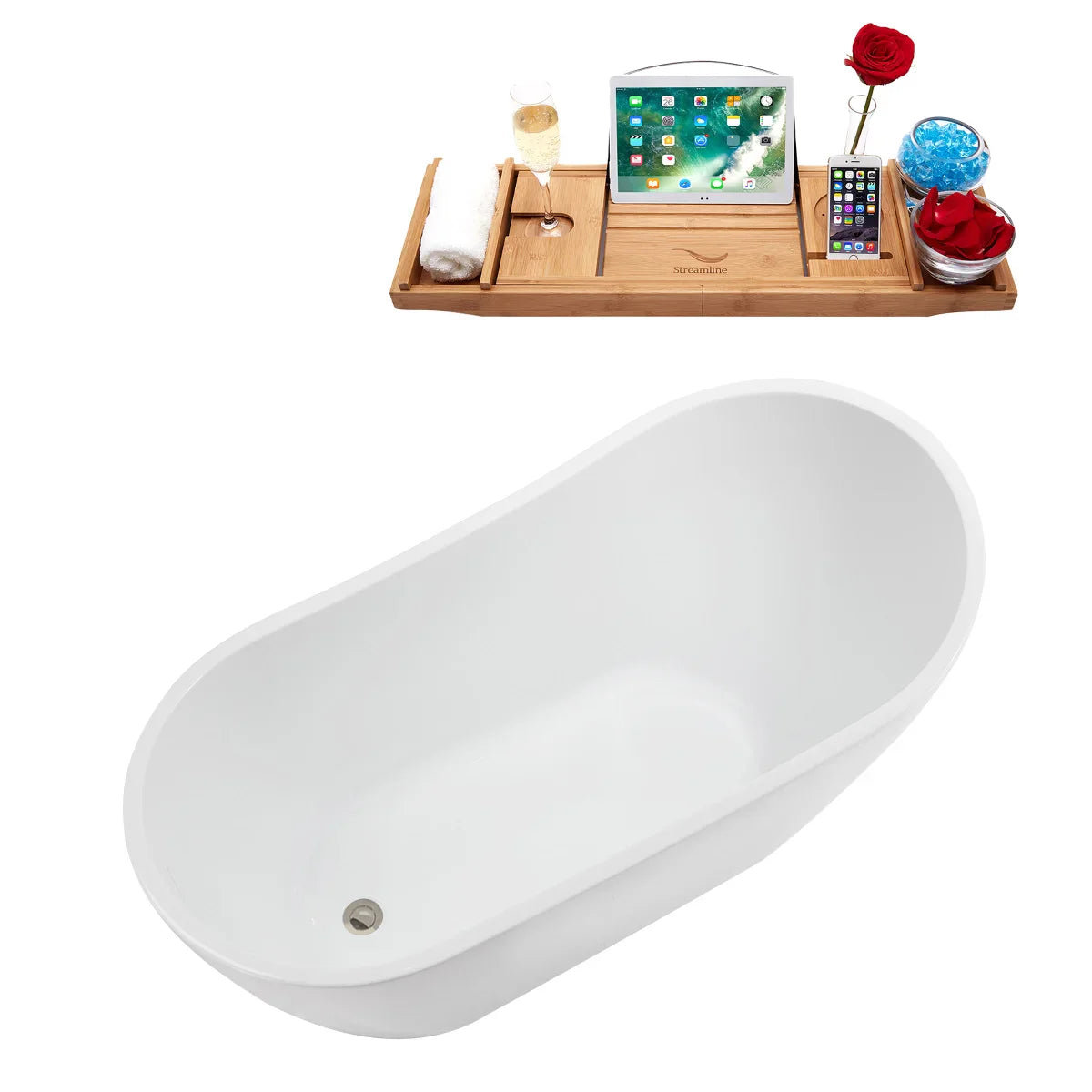 Streamline 55 in. Freestanding Bathtub with Expandable Bamboo Bathtub Caddy