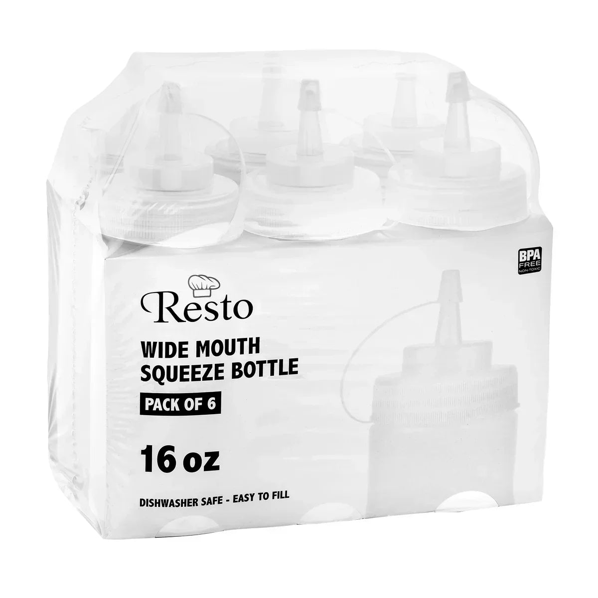 Resto 473 mL (16 oz) Clear Wide-mouth Squeeze Bottle Pack of 6