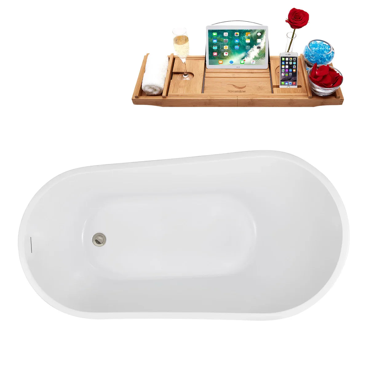 Streamline 55 in. Freestanding Bathtub with Expandable Bamboo Bathtub Caddy