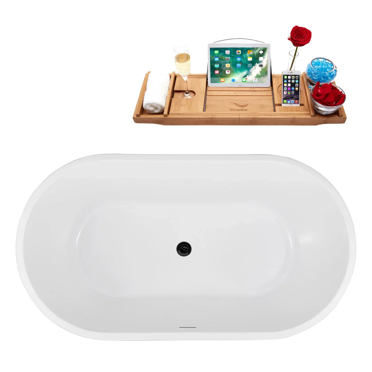 Streamline 54 in. Freestanding Bathtub with Expandable Bamboo Bathtub Caddy
