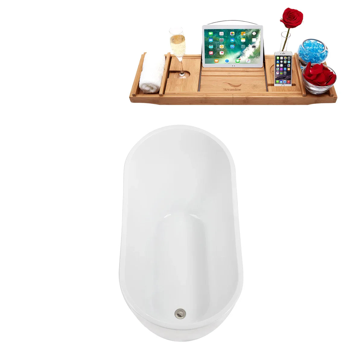 Streamline 55 in. Freestanding Bathtub with Expandable Bamboo Bathtub Caddy