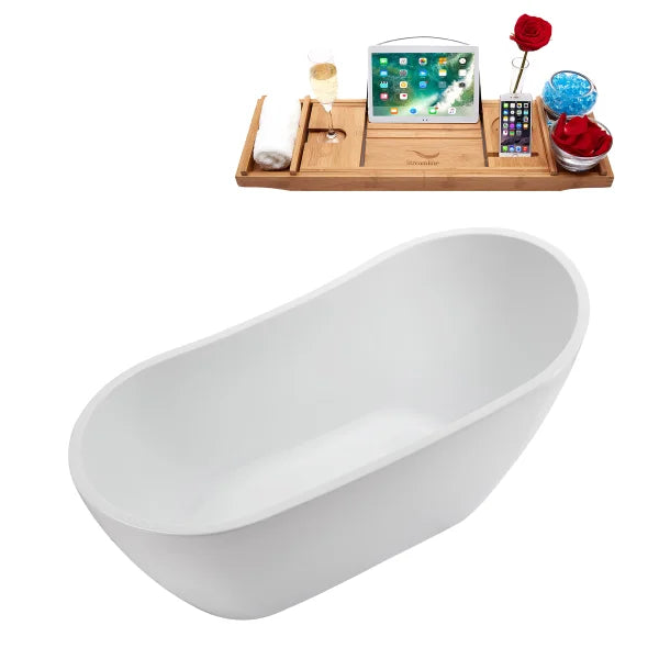 Streamline 55 in. Freestanding Bathtub with Expandable Bamboo Bathtub Caddy