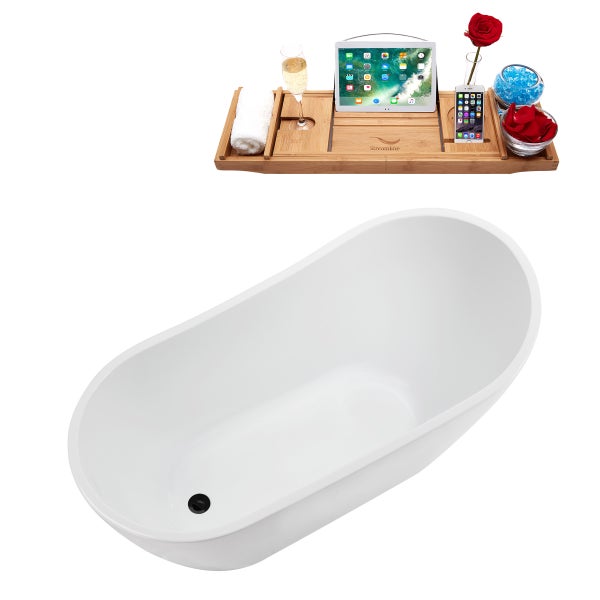 Streamline 55 in. Freestanding Bathtub with Expandable Bamboo Bathtub Caddy