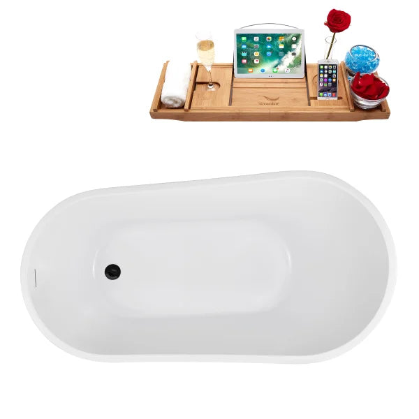 Streamline 55 in. Freestanding Bathtub with Expandable Bamboo Bathtub Caddy