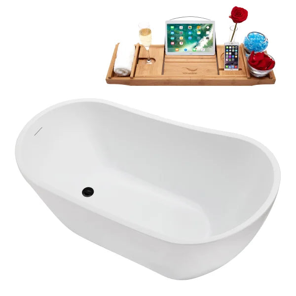 Streamline 55 in. Freestanding Bathtub with Expandable Bamboo Bathtub Caddy