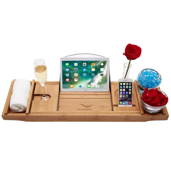 Streamline 55 in. Freestanding Bathtub with Expandable Bamboo Bathtub Caddy