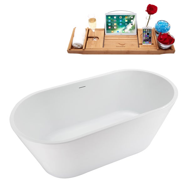 Streamline 59 in. Freestanding Bathtub with Expandable Bamboo Bathtub Caddy