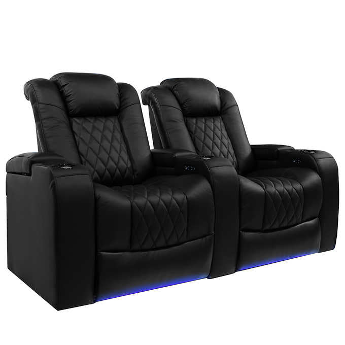 Luxury Black Leather Power Reclining Home Cinema Seating with Diamond Quilting