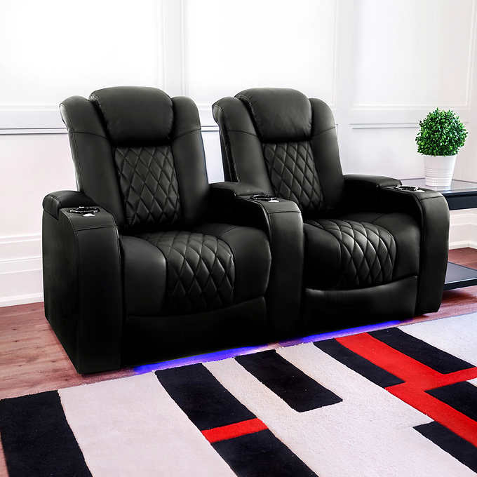 Luxury Black Leather Power Reclining Home Cinema Seating with Diamond Quilting
